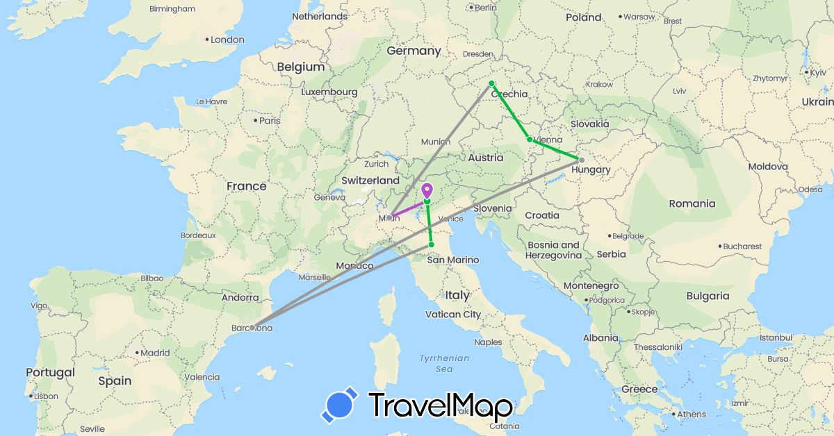 TravelMap itinerary: driving, bus, plane, train in Austria, Czech Republic, Spain, Hungary, Italy (Europe)