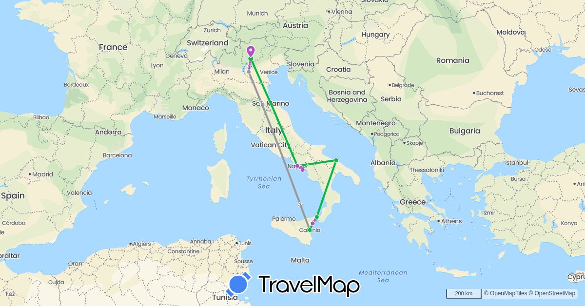 TravelMap itinerary: driving, bus, plane, train in Italy (Europe)