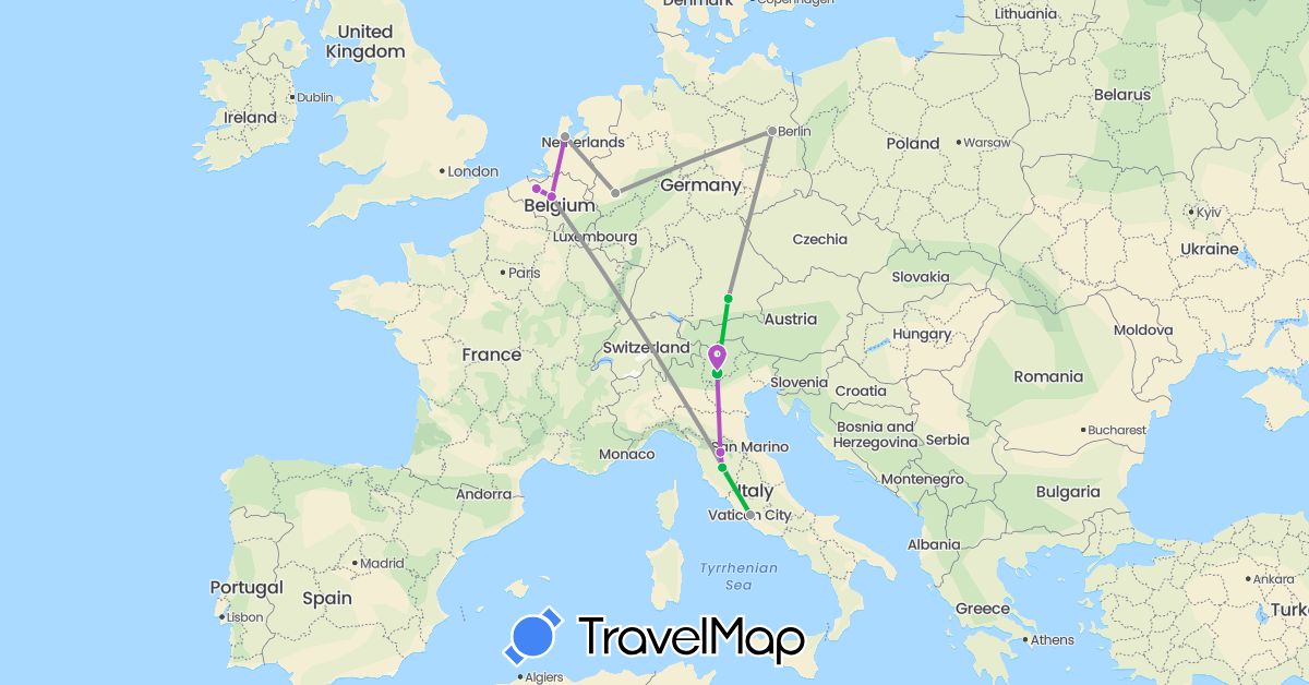 TravelMap itinerary: driving, bus, plane, train in Belgium, Germany, Italy, Netherlands (Europe)