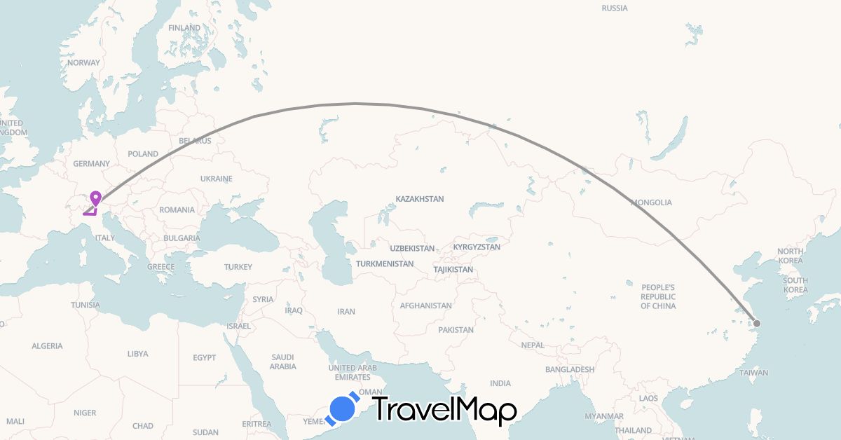 TravelMap itinerary: driving, plane, train in China, Italy, Russia (Asia, Europe)